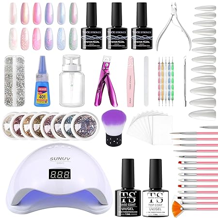 GV290 THR3E STROKES Moonstone Nail Extension Kit - 6 Gel Polishes (7.5ml) | 48V UV Nail Lamp | 500 Stiletto Nail Tips & Rhinestones | Professional Nail Art Tools | Base & Top Coat | DIY & Salon Use (MOONSTONE KIT) (PEARL P85)
