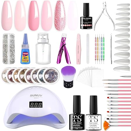 GV291 THR3E STROKES Moonstone Nail Extension Kit - 6 Gel Polishes (7.5ml) | 48V UV Nail Lamp | 500 Stiletto Nail Tips & Rhinestones | Professional Nail Art Tools | Base & Top Coat | DIY & Salon Use (MOONSTONE KIT) (FAIRYLOVE 89)
