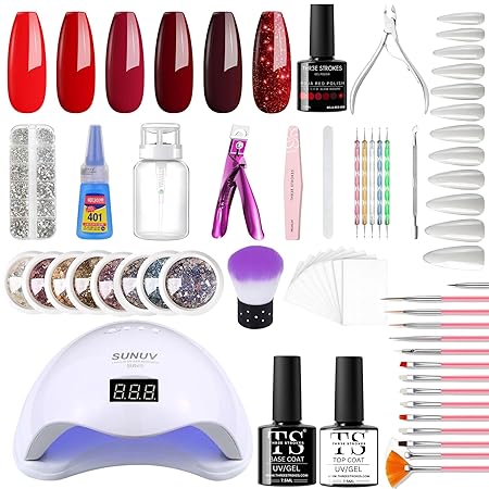GV293 THR3E STROKES Moonstone Nail Extension Kit - 6 Gel Polishes (7.5ml) | 48V UV Nail Lamp | 500 Stiletto Nail Tips & Rhinestones | Professional Nail Art Tools | Base & Top Coat | DIY & Salon Use (MOONSTONE KIT) (ROJA RED 888)