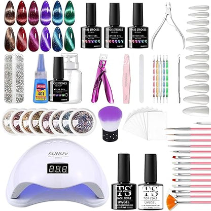 GV294 THR3E STROKES Moonstone Nail Extension Kit - 6 Gel Polishes (7.5ml) | 48V UV Nail Lamp | 500 Stiletto Nail Tips & Rhinestones | Professional Nail Art Tools | Base & Top Coat | DIY & Salon Use (MOONSTONE KIT) (CLUSTER X)