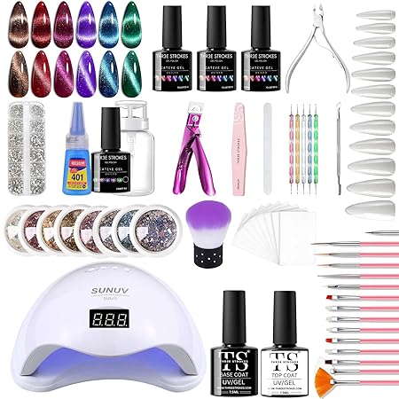 GV294 THR3E STROKES Moonstone Nail Extension Kit - 6 Gel Polishes (7.5ml) | 48V UV Nail Lamp | 500 Stiletto Nail Tips & Rhinestones | Professional Nail Art Tools | Base & Top Coat | DIY & Salon Use (MOONSTONE KIT) (CLUSTER X)