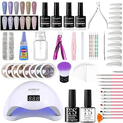 GV295 THR3E STROKES Moonstone Nail Extension Kit - 6 Gel Polishes (7.5ml) | 48V UV Nail Lamp | 500 Stiletto Nail Tips & Rhinestones | Professional Nail Art Tools | Base & Top Coat | DIY & Salon Use (MOONSTONE KIT) (DISCOPAL)