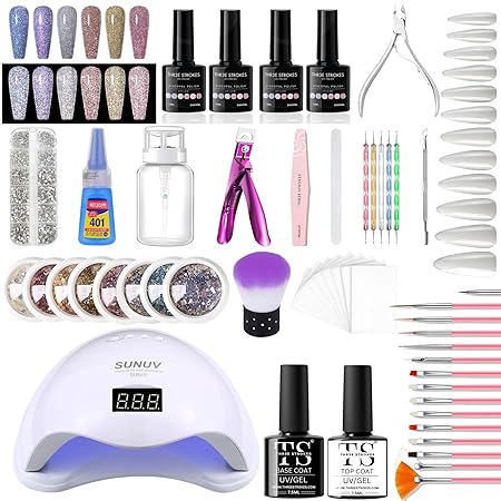 GV295 THR3E STROKES Moonstone Nail Extension Kit - 6 Gel Polishes (7.5ml) | 48V UV Nail Lamp | 500 Stiletto Nail Tips & Rhinestones | Professional Nail Art Tools | Base & Top Coat | DIY & Salon Use (MOONSTONE KIT) (DISCOPAL)