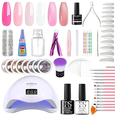 GV298 THR3E STROKES Moonstone Nail Extension Kit - 6 Gel Polishes (7.5ml) | 48V UV Nail Lamp | 500 Stiletto Nail Tips & Rhinestones | Professional Nail Art Tools | Base & Top Coat | DIY & Salon Use (MOONSTONE KIT)(GULABI PINK )