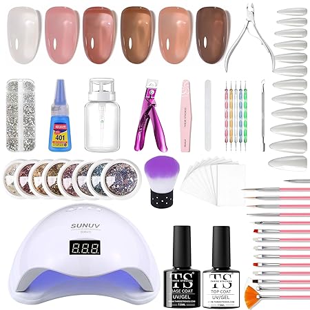 GV299 THR3E STROKES Moonstone Nail Extension Kit - 6 Gel Polishes (7.5ml) | 48V UV Nail Lamp | 500 Stiletto Nail Tips & Rhinestones | Professional Nail Art Tools | Base & Top Coat | DIY & Salon Use (MOONSTONE KIT) (NEXUS)