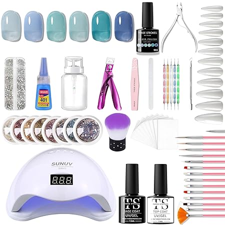 GV300 THR3E STROKES Moonstone Nail Extension Kit - 6 Gel Polishes (7.5ml) | 48V UV Nail Lamp | 500 Stiletto Nail Tips & Rhinestones | Professional Nail Art Tools | Base & Top Coat | DIY & Salon Use (MOONSTONE KIT) (SEA)