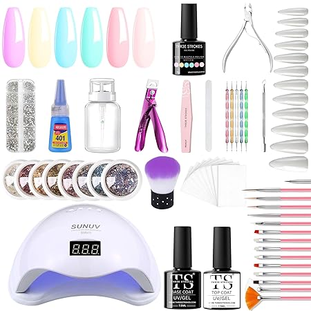 GV301 THR3E STROKES Moonstone Nail Extension Kit - 6 Gel Polishes (7.5ml) | 48V UV Nail Lamp | 500 Stiletto Nail Tips & Rhinestones | Professional Nail Art Tools | Base & Top Coat | DIY & Salon Use (MOONSTONE KIT) (VENICE PASTELS)