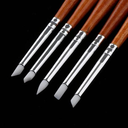 GV303 THR3E STROKES 5pcs Nail Sculpture Pen - WOODEN Dual Tipped Silicone Nail Tools, Acrylic Pen & Brushes for Resin, Design Tools for Foil Carving & Drawing Effects (5 PCS WOODEN HANDLE)