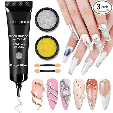 GV305 THR3E STROKES 3D and Chrome Nail Powder Kit: 15g No Wipe Clear 3D Sculpting for Nail Art, 3D Carving Nail Molding Gel & Metallic Chrome Powder Set for Gel Nail Art Decoration Home Manicure DIY (MACHINE SE SUKHENGI)