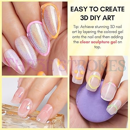 GV305 THR3E STROKES 3D and Chrome Nail Powder Kit: 15g No Wipe Clear 3D Sculpting for Nail Art, 3D Carving Nail Molding Gel & Metallic Chrome Powder Set for Gel Nail Art Decoration Home Manicure DIY (MACHINE SE SUKHENGI)