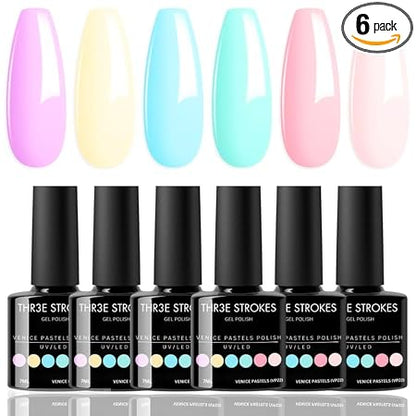 GV307 THR3E STROKES Gel Nail Polish Set, 6 Colors 2024 Spring Gel Polish Kit Bright Pastel Macaron Candy Nail Polish Gel Pink Mint Green Blue Purple Gel Nail Soak Off Nail Art Manicure Gift DIY Salon