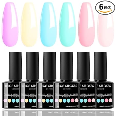 GV307 THR3E STROKES Gel Nail Polish Set, 6 Colors 2024 Spring Gel Polish Kit Bright Pastel Macaron Candy Nail Polish Gel Pink Mint Green Blue Purple Gel Nail Soak Off Nail Art Manicure Gift DIY Salon