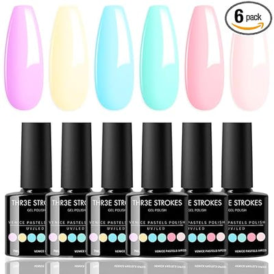 GV307 THR3E STROKES Gel Nail Polish Set, 6 Colors 2024 Spring Gel Polish Kit Bright Pastel Macaron Candy Nail Polish Gel Pink Mint Green Blue Purple Gel Nail Soak Off Nail Art Manicure Gift DIY Salon ( Venus Pastel )