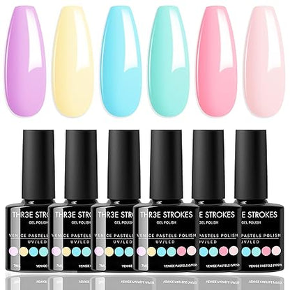 GV308 THR3E STROKES Gel Nail Polish Set - 6 Colors Gel Polish Glitter Gel Polish Sparkle Nail Polish Gel Manicure DIY Salon Nail Art Gifts (VENICE PASTELS (VP22), 7.5ML)