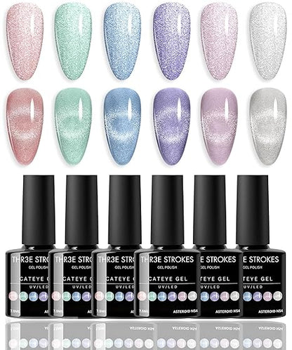 GV309 THR3E STROKES Gel Nail Polish Set - 6 Colors Gel Polish Glitter Gel Polish Sparkle Nail Polish Gel Manicure DIY Salon Nail Art Gifts (ASTEROID N54, 7.5ML)