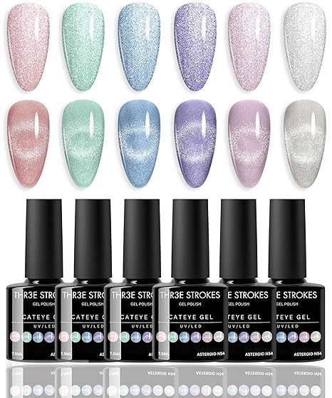 GV309 THR3E STROKES Gel Nail Polish Set - 6 Colors Gel Polish Glitter Gel Polish Sparkle Nail Polish Gel Manicure DIY Salon Nail Art Gifts (ASTEROID N54, 7.5ML)