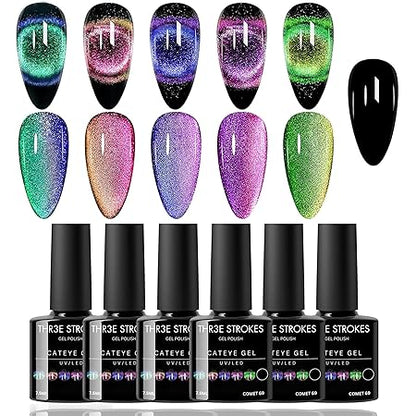 GV310 THR3E STROKES Gel Nail Polish Set - 6 Colors Gel Polish Glitter Gel Polish Sparkle Nail Polish Gel Manicure DIY Salon Nail Art Gifts (COMET 69, 7.5ML)