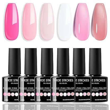 GV315 THR3E STROKES Gel Nail Polish Set - 6 Colors Gel Polish Glitter Gel Polish Sparkle Nail Polish Gel Manicure DIY Salon Nail Art Gifts (GULABI PINK (GP233), 7.5ML)