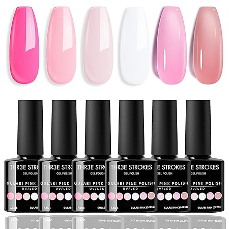 GV315 THR3E STROKES Gel Nail Polish Set - 6 Colors Gel Polish Glitter Gel Polish Sparkle Nail Polish Gel Manicure DIY Salon Nail Art Gifts (GULABI PINK (GP233), 7.5ML)