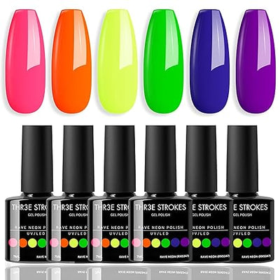 GV319 THR3E STROKES Gel Nail Polish Set - 6 Colors Gel Polish Glitter Gel Polish Sparkle Nail Polish Gel Manicure DIY Salon Nail Art Gifts (RAVE NEON (RN5347), 7.5ML)