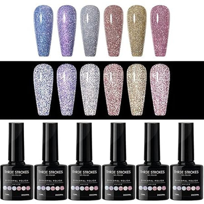 GV321 THR3E STROKES Gel Nail Polish Set - 6 Colors Gel Polish Glitter Gel Polish Sparkle Nail Polish Gel Manicure DIY Salon Nail Art Gifts (DISCOPAL, 7.5ML)