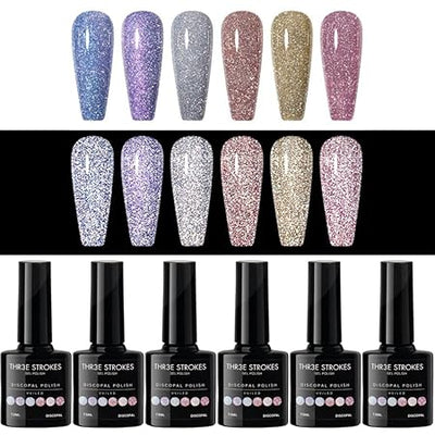 GV321 THR3E STROKES Gel Nail Polish Set - 6 Colors Gel Polish Glitter Gel Polish Sparkle Nail Polish Gel Manicure DIY Salon Nail Art Gifts (DISCOPAL, 7.5ML)