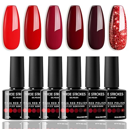 GV323 THR3E STROKES Gel Nail Polish Set - 6 Colors Gel Polish Glitter Burgundy Sparkle Bloody Red Nail Polish Gel Manicure DIY Salon Nail Art Gifts (ROJA RED 888), 7.5 ml, Glossy Finish