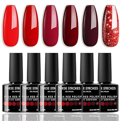 GV323 THR3E STROKES Gel Nail Polish Set - 6 Colors Gel Polish Glitter Burgundy Sparkle Bloody Red Nail Polish Gel Manicure DIY Salon Nail Art Gifts (ROJA RED 888), 7.5 ml, Glossy Finish