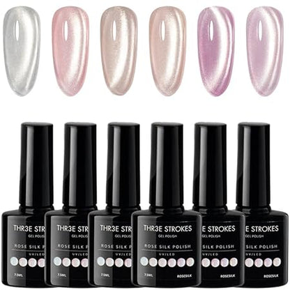 GV326 THR3E STROKES Gel Nail Polish Set - 6 Colors Gel Polish Glitter Gel Polish Sparkle Nail Polish Gel Manicure DIY Salon Nail Art Gifts (ROSE SILK, 7.5ML)