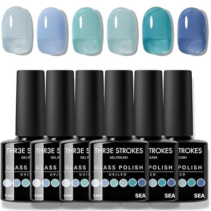 GV327 THR3E STROKES Gel Nail Polish Set - 6 Colors Gel Polish Glitter Gel Polish Sparkle Nail Polish Gel Manicure DIY Salon Nail Art Gifts (SEA, 7.5ML)