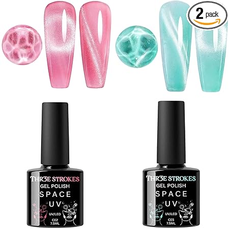 GV331 THR3E STROKES Cat Eye Gel Nail Polish, 2 PCS 15ML Pink Sliver Holographic 9D Cat Eye Glitter Multichrome Gel Polish Nail Gel Polish Magnet Soak Off Led Nail Art Gel DIY Salon Gift (CE5,CE2)