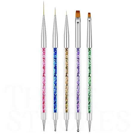 GV334 THR3E STROKES Double-Ended Acrylic Nail Brushes, 5pcs Set Including 7/9/11mm Liner Brush, Flat Brushes and Dotting Tools for Art Design (NBS2)