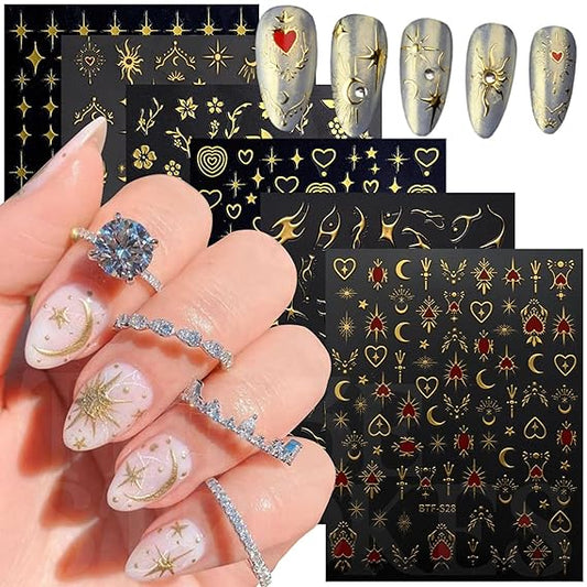 GV335 THR3E STROKES Gold Nail Art Stickers, Sun Moon Stars Heart Line Flower Nail Self-Adhesive Sticker Design, 3D Gold Nail Transfer Decals for Women Girls Charms, DIY Nail Art Decal (D23)