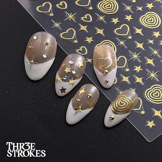 GV335 THR3E STROKES Gold Nail Art Stickers, Sun Moon Stars Heart Line Flower Nail Self-Adhesive Sticker Design, 3D Gold Nail Transfer Decals for Women Girls Charms, DIY Nail Art Decal (D23)