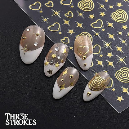 GV335 THR3E STROKES Gold Nail Art Stickers, Sun Moon Stars Heart Line Flower Nail Self-Adhesive Sticker Design, 3D Gold Nail Transfer Decals for Women Girls Charms, DIY Nail Art Decal (D23)