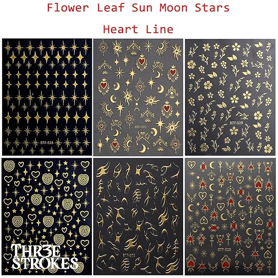 GV335 THR3E STROKES Gold Nail Art Stickers, Sun Moon Stars Heart Line Flower Nail Self-Adhesive Sticker Design, 3D Gold Nail Transfer Decals for Women Girls Charms, DIY Nail Art Decal (D23)