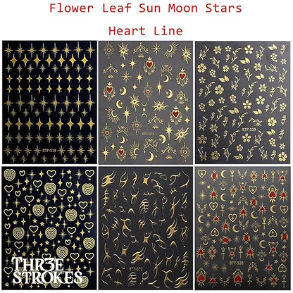 GV335 THR3E STROKES Gold Nail Art Stickers, Sun Moon Stars Heart Line Flower Nail Self-Adhesive Sticker Design, 3D Gold Nail Transfer Decals for Women Girls Charms, DIY Nail Art Decal (D23)