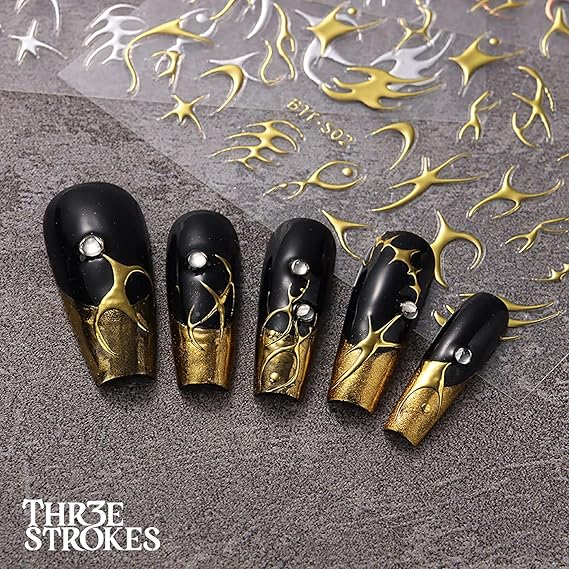 GV335 THR3E STROKES Gold Nail Art Stickers, Sun Moon Stars Heart Line Flower Nail Self-Adhesive Sticker Design, 3D Gold Nail Transfer Decals for Women Girls Charms, DIY Nail Art Decal (D23)