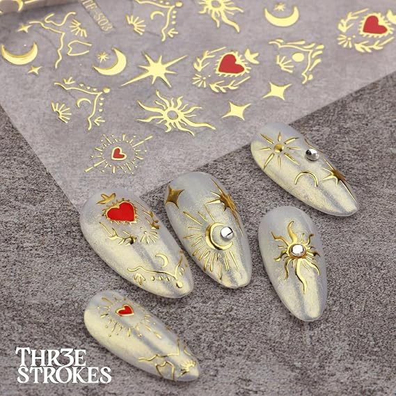 GV335 THR3E STROKES Gold Nail Art Stickers, Sun Moon Stars Heart Line Flower Nail Self-Adhesive Sticker Design, 3D Gold Nail Transfer Decals for Women Girls Charms, DIY Nail Art Decal (D23)