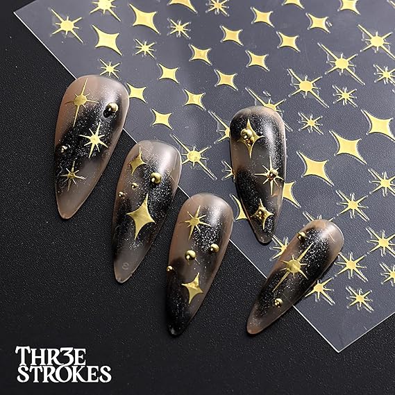 GV335 THR3E STROKES Gold Nail Art Stickers, Sun Moon Stars Heart Line Flower Nail Self-Adhesive Sticker Design, 3D Gold Nail Transfer Decals for Women Girls Charms, DIY Nail Art Decal (D23)