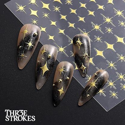 GV335 THR3E STROKES Gold Nail Art Stickers, Sun Moon Stars Heart Line Flower Nail Self-Adhesive Sticker Design, 3D Gold Nail Transfer Decals for Women Girls Charms, DIY Nail Art Decal (D23)