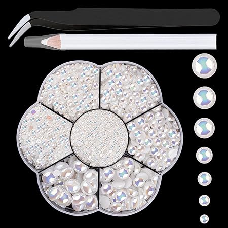 GV336 THR3E STROKES Nail Art Flat Back Half Round Pearl Kits 5, 1 Box of 2400 Pcs Flat-Back White AB Pearl with Tweezer and Picker Pencil for Home DIY Nails Body Face Craft and Salon Use (D59)