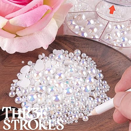 GV336 THR3E STROKES Nail Art Flat Back Half Round Pearl Kits 5, 1 Box of 2400 Pcs Flat-Back White AB Pearl with Tweezer and Picker Pencil for Home DIY Nails Body Face Craft and Salon Use (D59)