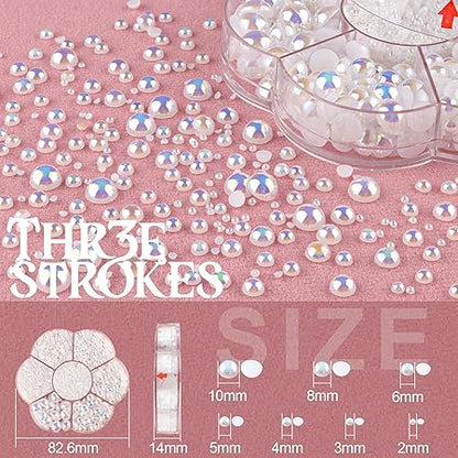 GV336 THR3E STROKES Nail Art Flat Back Half Round Pearl Kits 5, 1 Box of 2400 Pcs Flat-Back White AB Pearl with Tweezer and Picker Pencil for Home DIY Nails Body Face Craft and Salon Use (D59)