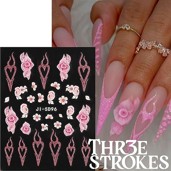 GV338 THR3E STROKES 5D Embossed White Flowers Nail Stickers, 5 Sheets Self-Adhesive Floral Decals, Spring Art, Rose Butterfly for Nails, 3D Acrylic Flowers (D15)
