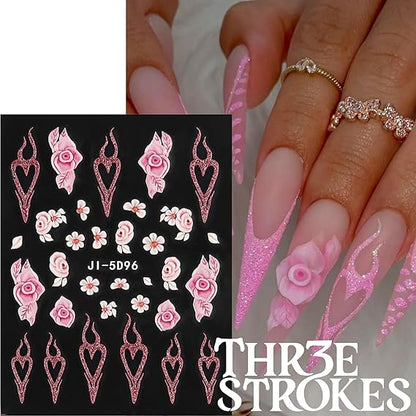GV338 THR3E STROKES 5D Embossed White Flowers Nail Stickers, 5 Sheets Self-Adhesive Floral Decals, Spring Art, Rose Butterfly for Nails, 3D Acrylic Flowers (D15)