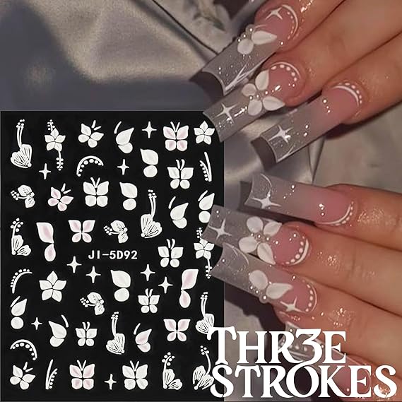 GV338 THR3E STROKES 5D Embossed White Flowers Nail Stickers, 5 Sheets Self-Adhesive Floral Decals, Spring Art, Rose Butterfly for Nails, 3D Acrylic Flowers (D15)