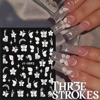 GV338 THR3E STROKES 5D Embossed White Flowers Nail Stickers, 5 Sheets Self-Adhesive Floral Decals, Spring Art, Rose Butterfly for Nails, 3D Acrylic Flowers (D15)