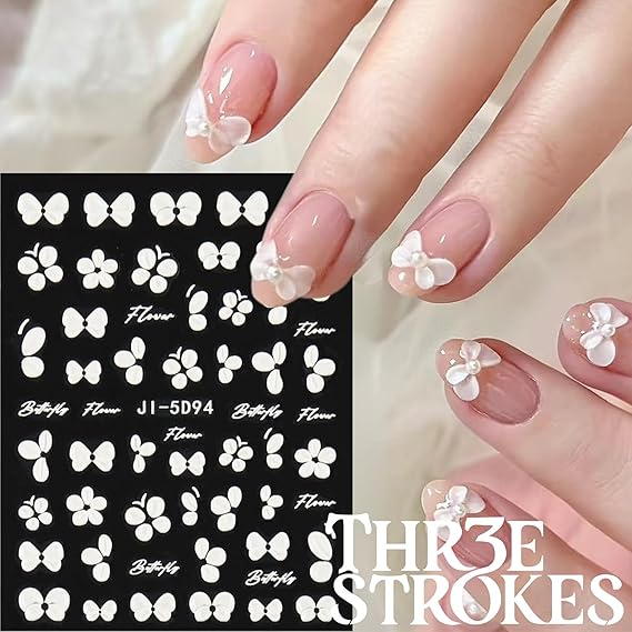 GV338 THR3E STROKES 5D Embossed White Flowers Nail Stickers, 5 Sheets Self-Adhesive Floral Decals, Spring Art, Rose Butterfly for Nails, 3D Acrylic Flowers (D15)