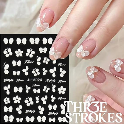 GV338 THR3E STROKES 5D Embossed White Flowers Nail Stickers, 5 Sheets Self-Adhesive Floral Decals, Spring Art, Rose Butterfly for Nails, 3D Acrylic Flowers (D15)